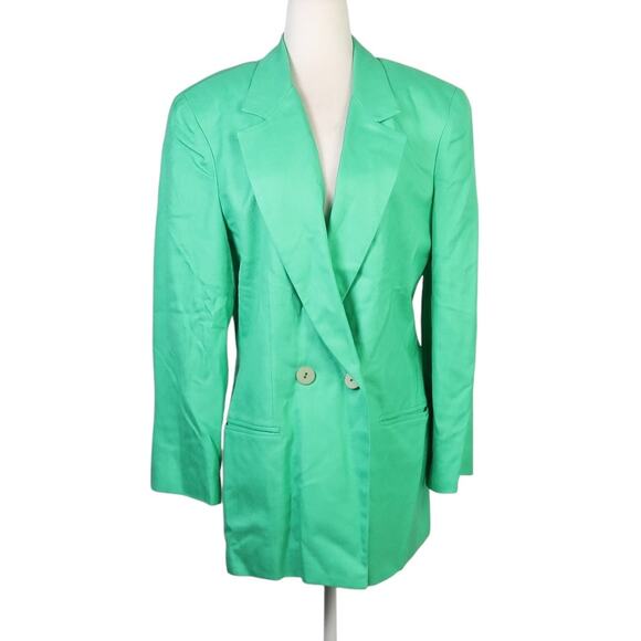 Vintage 80s Bill Blass Green Rayon Double-Breasted Blazer Jacket 12 - Picture 1 of 6